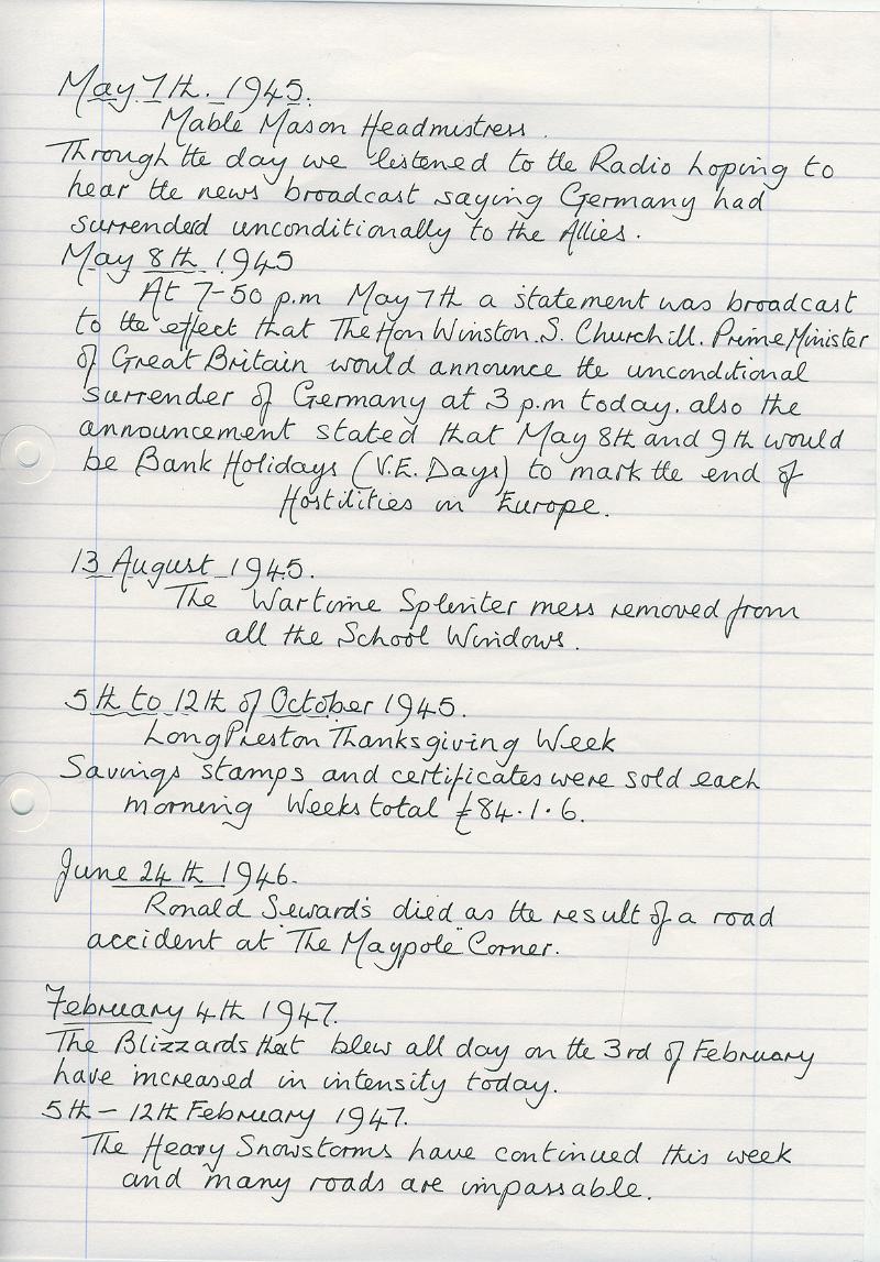 Log Book 1945-47.JPG - Extracts from Long Preston Endowed School Log Book 1945-47
